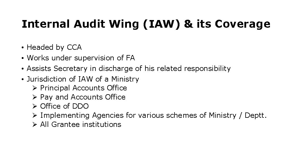Internal Audit Wing (IAW) & its Coverage • • Headed by CCA Works under Internal Audit Wing (IAW) & its Coverage • • Headed by CCA Works under
