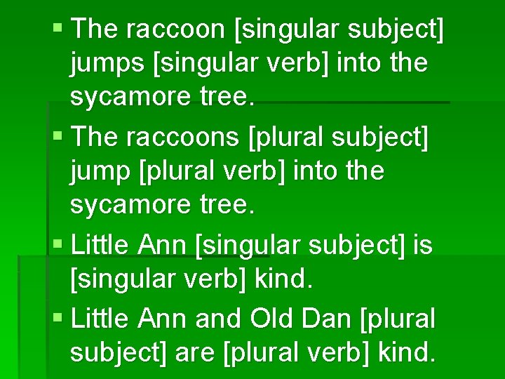 § The raccoon [singular subject] jumps [singular verb] into the sycamore tree. § The