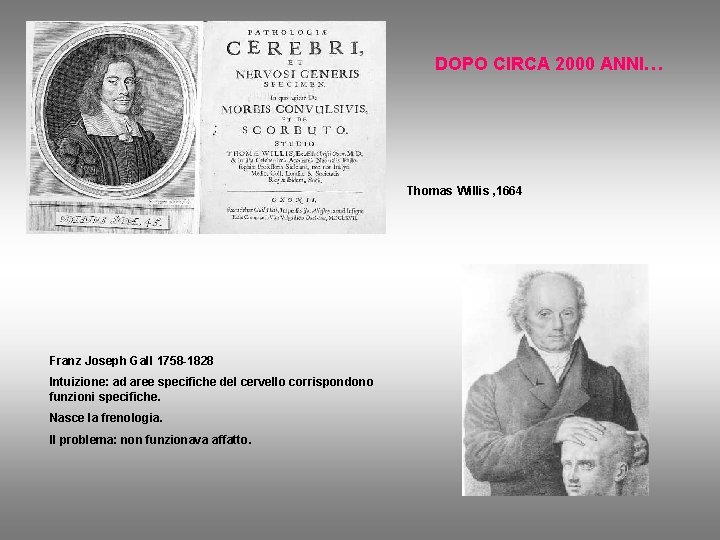 DOPO CIRCA 2000 ANNI… Thomas Willis , 1664 Franz Joseph Gall 1758 -1828 Intuizione: