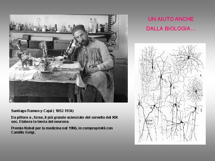 UN AIUTO ANCHE DALLA BIOLOGIA… Santiago Ramon y Cajal ( 1852 -1934) Da pittore