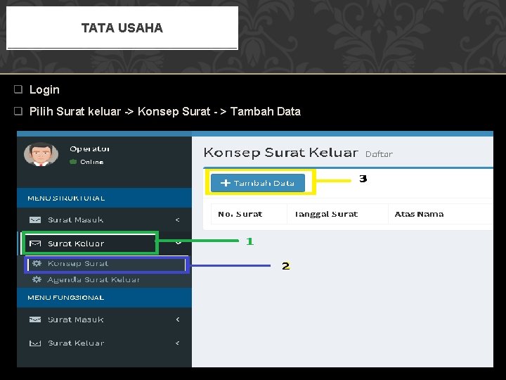 TATA USAHA q Login q Pilih Surat keluar -> Konsep Surat - > Tambah