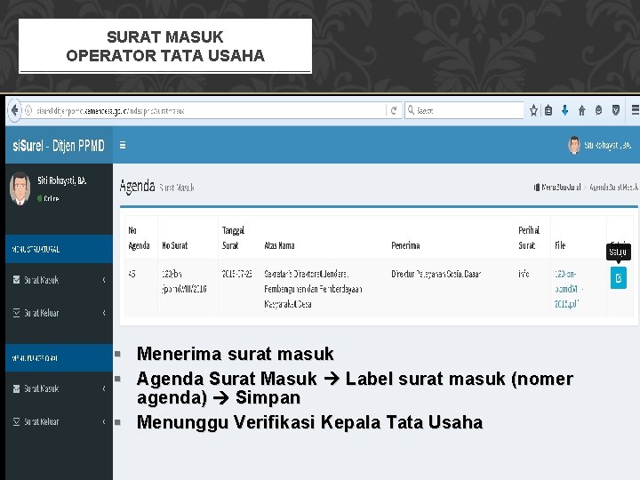 SURAT MASUK OPERATOR TATA USAHA § Menerima surat masuk § Agenda Surat Masuk Label