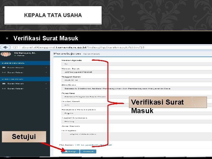 KEPALA TATA USAHA § Verifikasi Surat Masuk Setujui 20 