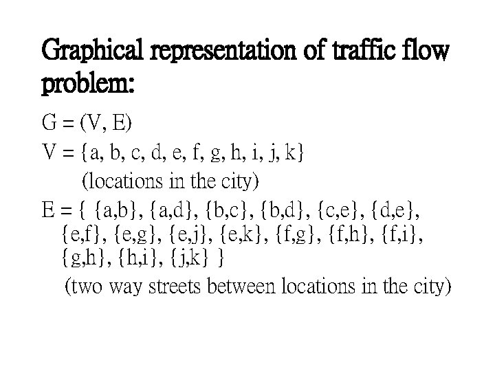 Graphical representation of traffic flow problem: G = (V, E) V = {a, b,