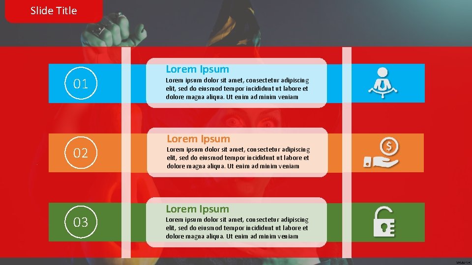 Slide Title 01 02 03 Lorem Ipsum Lorem ipsum dolor sit amet, consectetur adipiscing