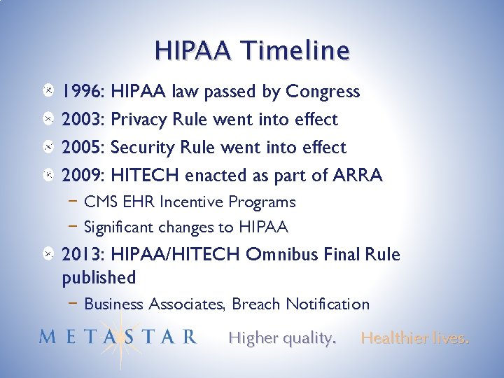 HIPAA Timeline 1996: HIPAA law passed by Congress 2003: Privacy Rule went into effect