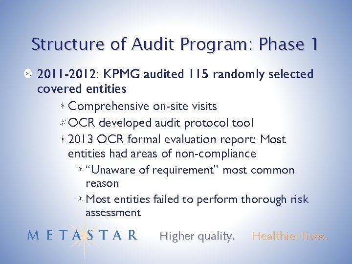 Structure of Audit Program: Phase 1 2011 -2012: KPMG audited 115 randomly selected covered