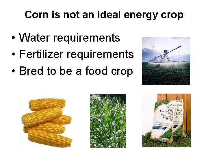 Corn is not an ideal energy crop • Water requirements • Fertilizer requirements •