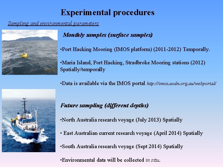 Experimental procedures Sampling and environmental parameters Monthly samples (surface samples) • Port Hacking Mooring