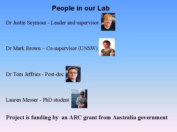People in our Lab Dr Justin Seymour - Leader and supervisor Dr Mark Brown