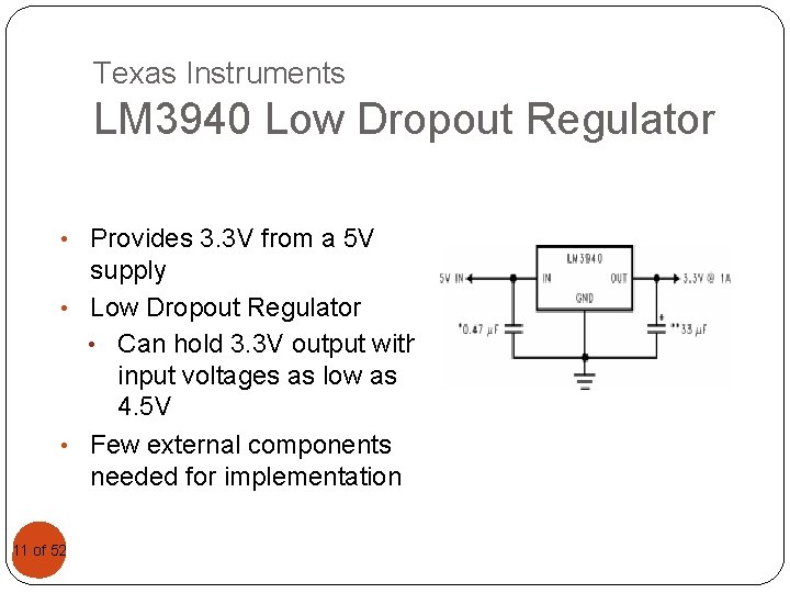 Texas Instruments LM 3940 Low Dropout Regulator • Provides 3. 3 V from a