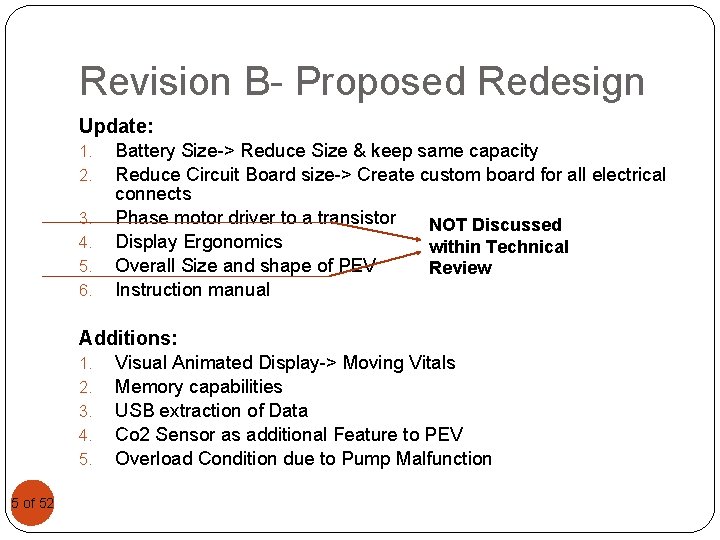 Revision B- Proposed Redesign Update: 1. 2. 3. 4. 5. 6. Battery Size-> Reduce