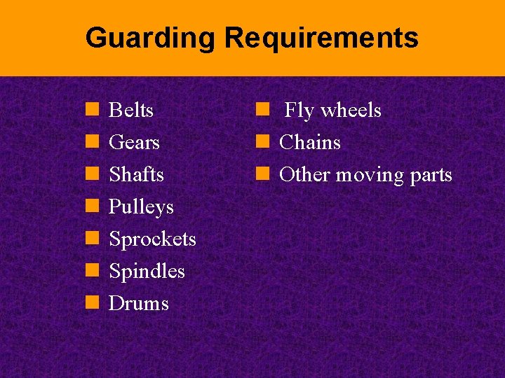 Guarding Requirements n n n n Belts Gears Shafts Pulleys Sprockets Spindles Drums n