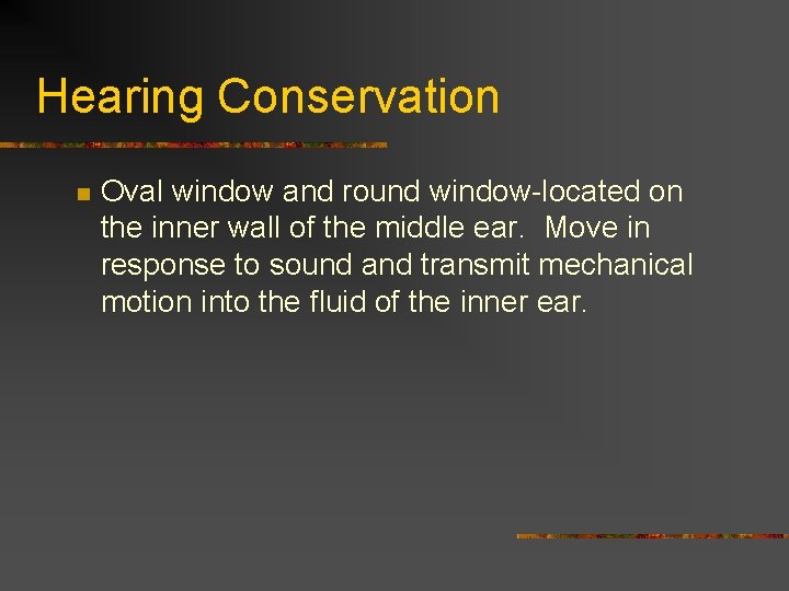 Hearing Conservation n Oval window and round window-located on the inner wall of the