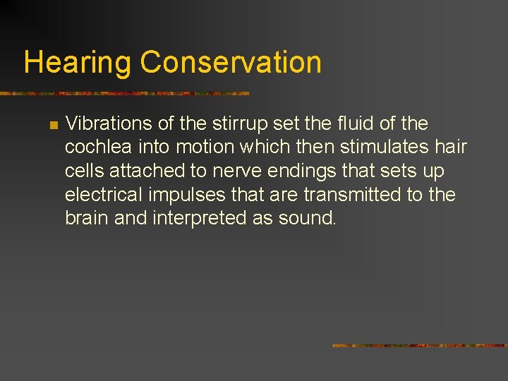 Hearing Conservation n Vibrations of the stirrup set the fluid of the cochlea into