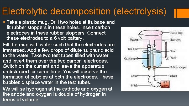 Electrolytic decomposition (electrolysis) Take a plastic mug. Drill two holes at its base and