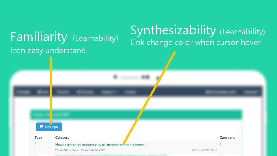 Familiarity (Learnability) Icon easy understand. Synthesizability (Learnability) Link change color when cursor hover. 17