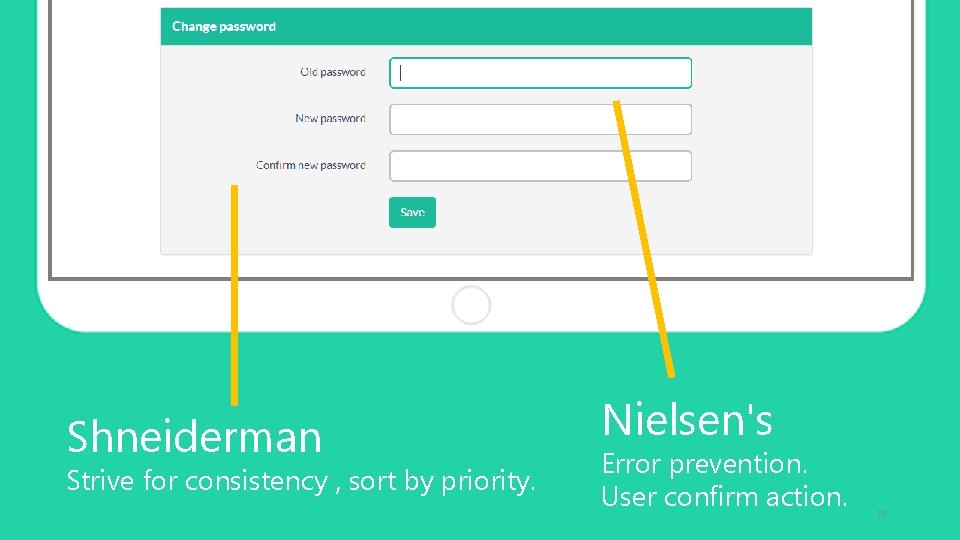 Shneiderman Strive for consistency , sort by priority. Nielsen's Error prevention. User confirm action.