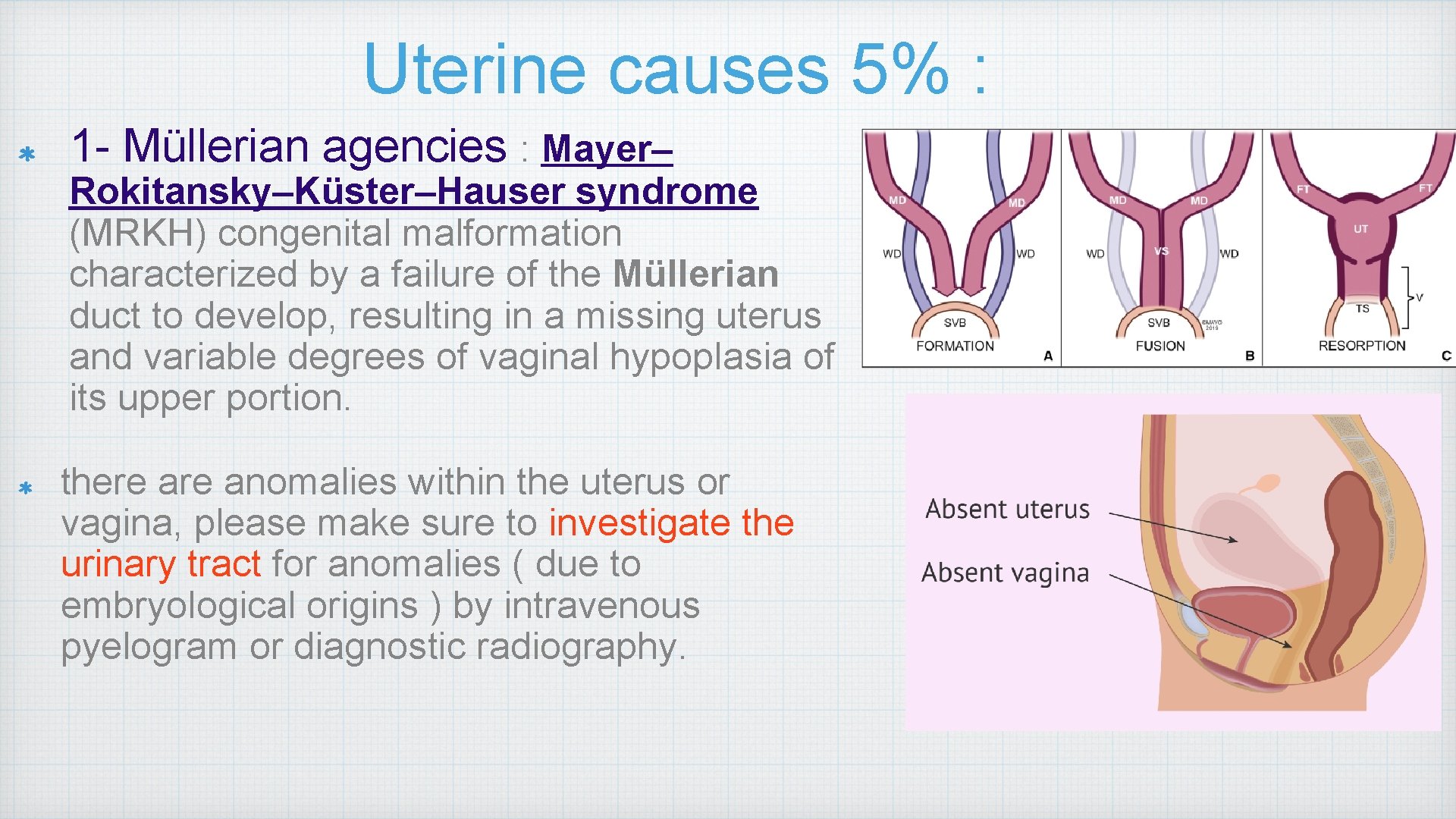 Uterine causes 5% : 1 - Müllerian agencies : Mayer– Rokitansky–Küster–Hauser syndrome (MRKH) congenital