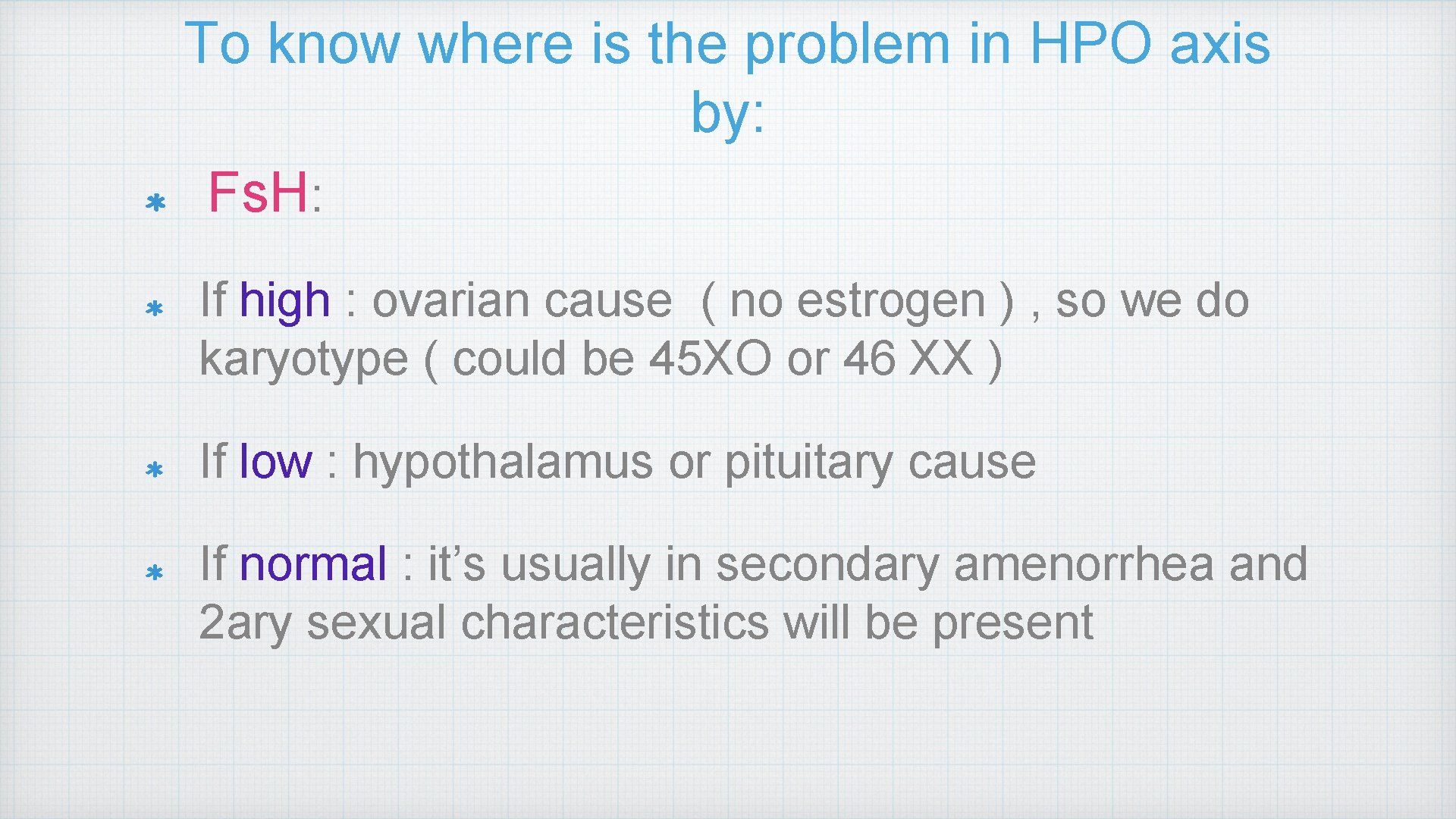 To know where is the problem in HPO axis by: Fs. H: If high