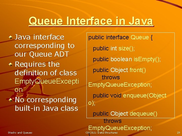 Queue Interface in Java interface corresponding to our Queue ADT Requires the definition of