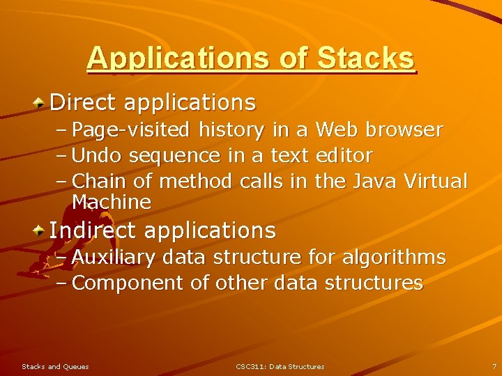 Applications of Stacks Direct applications – Page-visited history in a Web browser – Undo