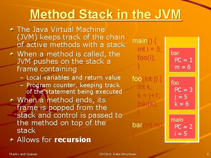 Method Stack in the JVM The Java Virtual Machine (JVM) keeps track of the