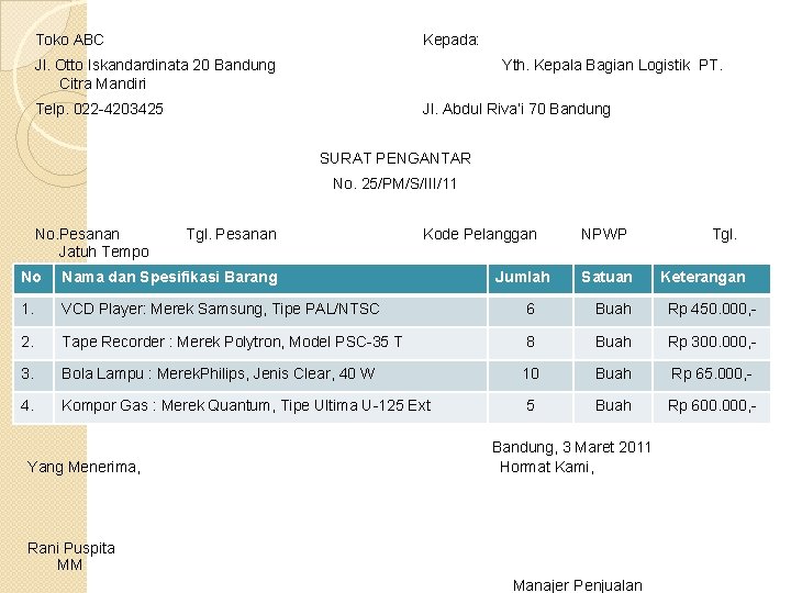 Toko ABC Kepada: Jl. Otto Iskandardinata 20 Bandung Citra Mandiri Yth. Kepala Bagian Logistik