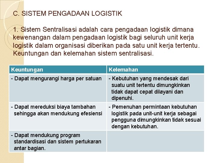 C. SISTEM PENGADAAN LOGISTIK 1. Sistem Sentralisasi adalah cara pengadaan logistik dimana kewenangan dalam