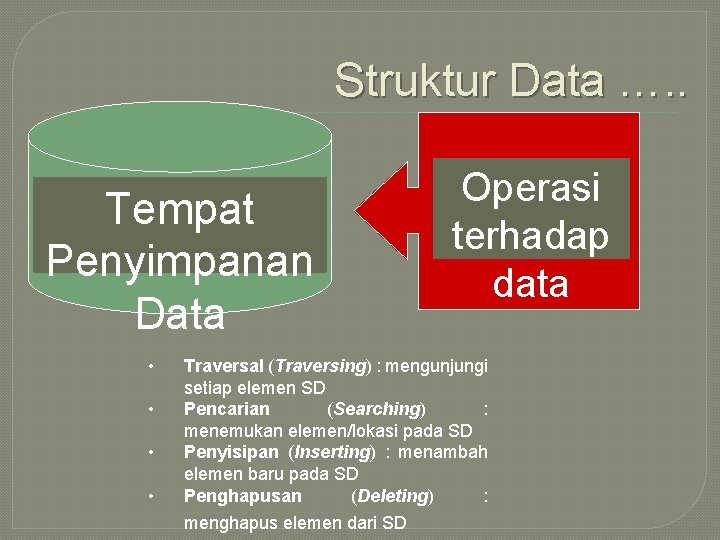 Struktur Data …. . Tempat Penyimpanan Data • • Operasi terhadap data Traversal (Traversing)