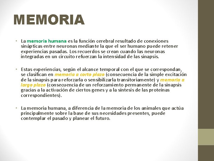 MEMORIA • La memoria humana es la función cerebral resultado de conexiones sinápticas entre