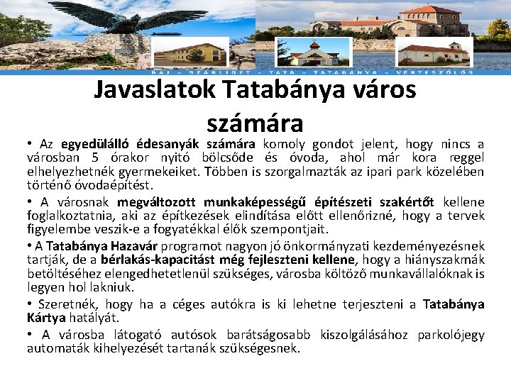 Javaslatok Tatabánya város számára • Az egyedülálló édesanyák számára komoly gondot jelent, hogy nincs