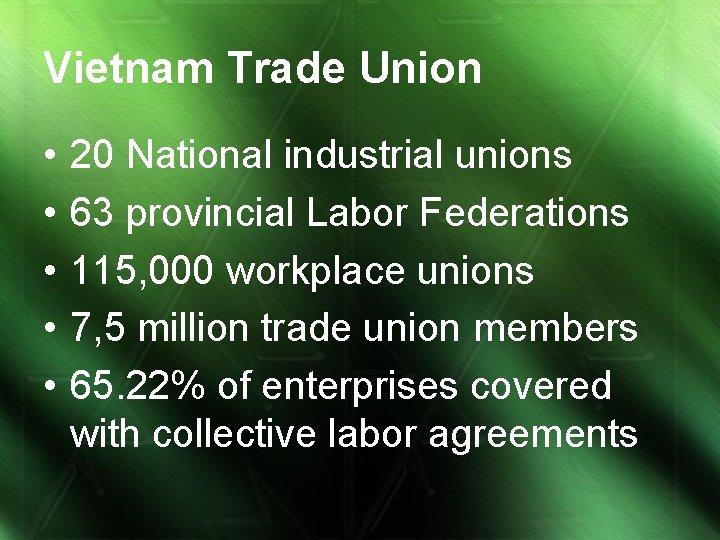 Vietnam Trade Union • • • 20 National industrial unions 63 provincial Labor Federations