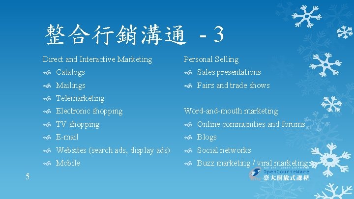 整合行銷溝通 - 3 Direct and Interactive Marketing Personal Selling Catalogs Sales presentations Mailings Fairs