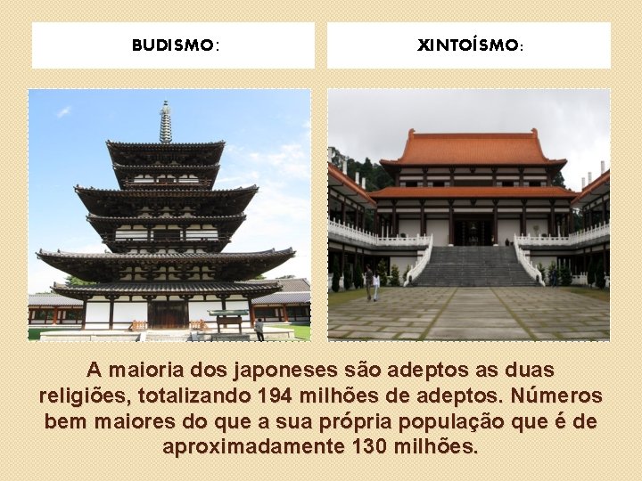 BUDISMO: XINTOÍSMO: A maioria dos japoneses são adeptos as duas religiões, totalizando 194 milhões