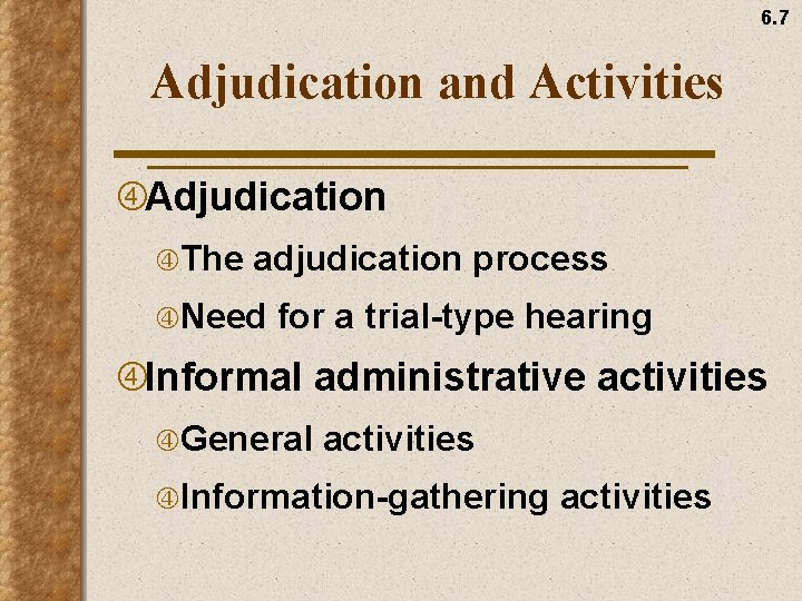 6. 7 Adjudication and Activities Adjudication The adjudication process Need for a trial-type hearing