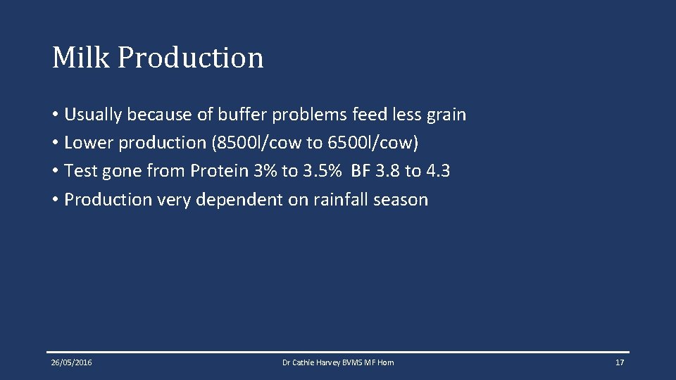 Milk Production • Usually because of buffer problems feed less grain • Lower production Milk Production • Usually because of buffer problems feed less grain • Lower production