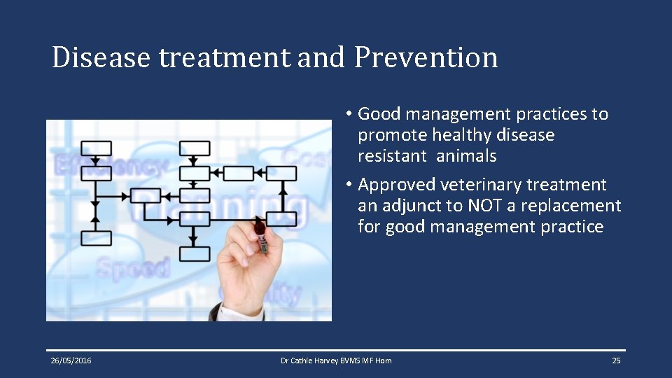 Disease treatment and Prevention • Good management practices to promote healthy disease resistant animals Disease treatment and Prevention • Good management practices to promote healthy disease resistant animals