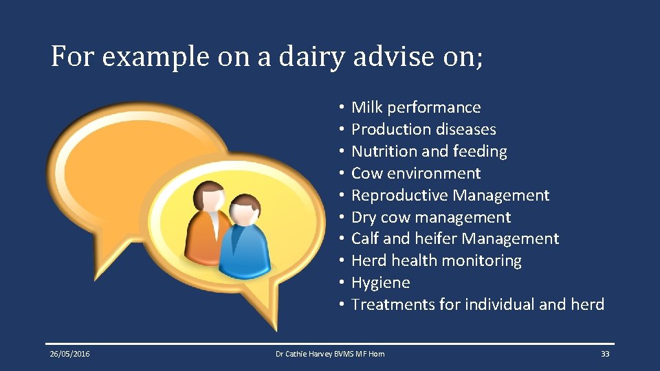 For example on a dairy advise on; • • • 26/05/2016 Milk performance Production For example on a dairy advise on; • • • 26/05/2016 Milk performance Production