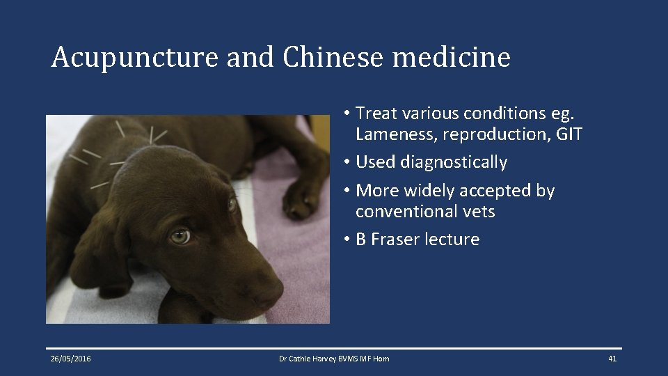 Acupuncture and Chinese medicine • Treat various conditions eg. Lameness, reproduction, GIT • Used Acupuncture and Chinese medicine • Treat various conditions eg. Lameness, reproduction, GIT • Used