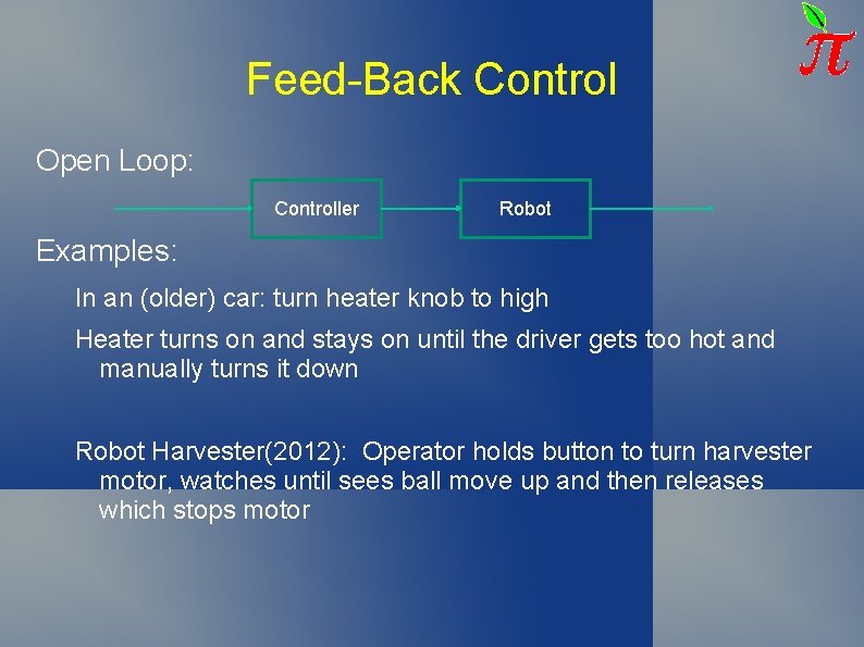 Feed-Back Control Open Loop: Controller Robot Examples: In an (older) car: turn heater knob Feed-Back Control Open Loop: Controller Robot Examples: In an (older) car: turn heater knob