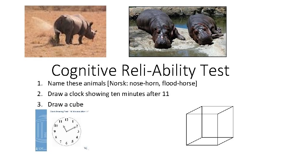 Cognitive Reli-Ability Test 1. Name these animals [Norsk: nose-horn, flood-horse] 2. Draw a clock