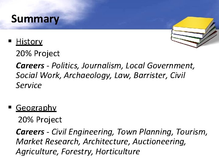 Summary § History 20% Project Careers - Politics, Journalism, Local Government, Social Work, Archaeology,