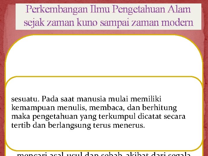 Perkembangan Ilmu Pengetahuan Alam sejak zaman kuno sampai zaman modern 1. Zaman kuno sesuatu.