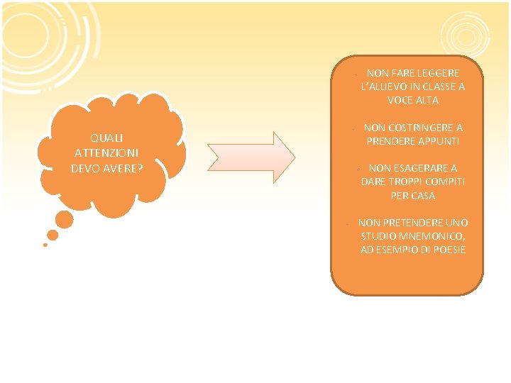 NON FARE LEGGERE L’ALLIEVO IN CLASSE A VOCE ALTA • NON COSTRINGERE A PRENDERE
