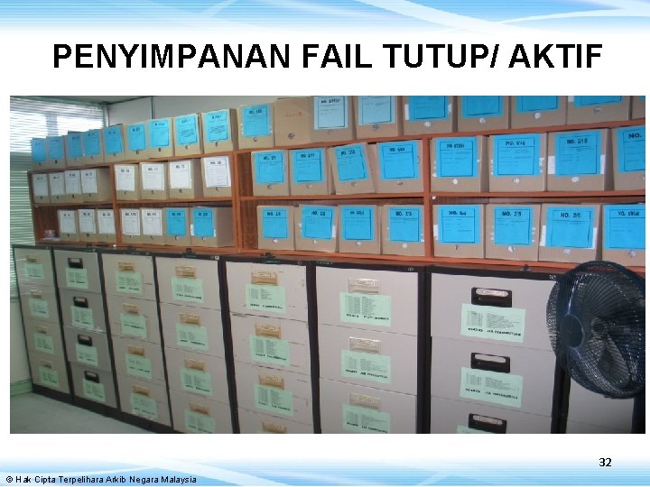 PENYIMPANAN FAIL TUTUP/ AKTIF 32 © Hak Cipta Terpelihara Arkib Negara Malaysia 