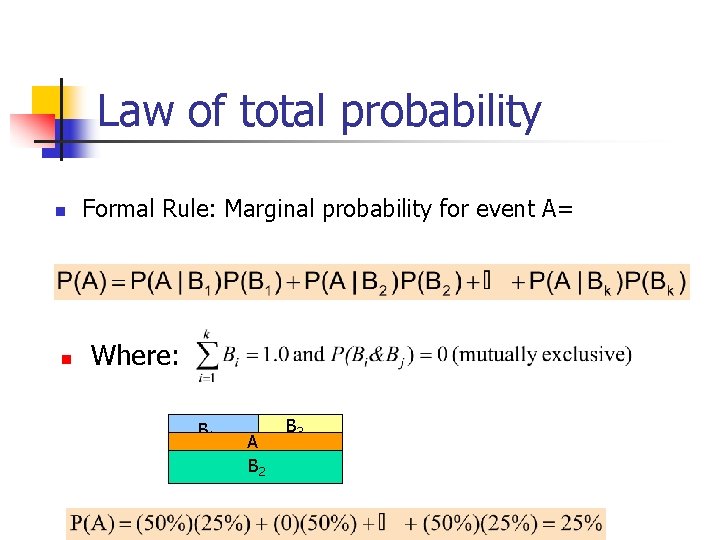 Law of total probability n n Formal Rule: Marginal probability for event A= Where: