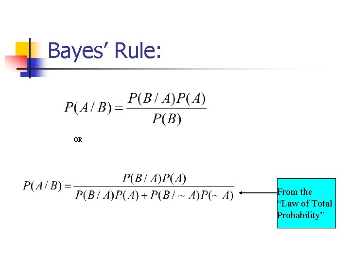 Bayes’ Rule: OR From the “Law of Total Probability” 