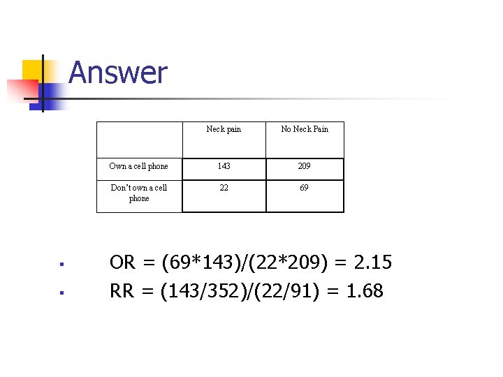 Answer § § Neck pain No Neck Pain Own a cell phone 143 209