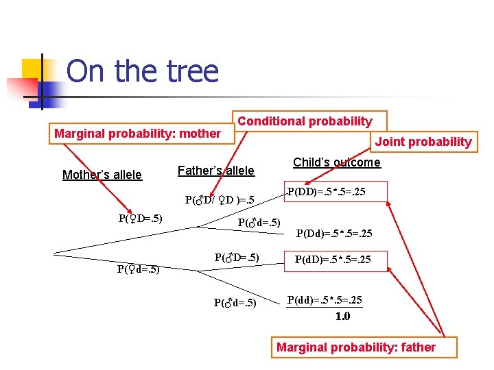 On the tree Marginal probability: mother Mother’s allele Conditional probability Joint probability Child’s outcome